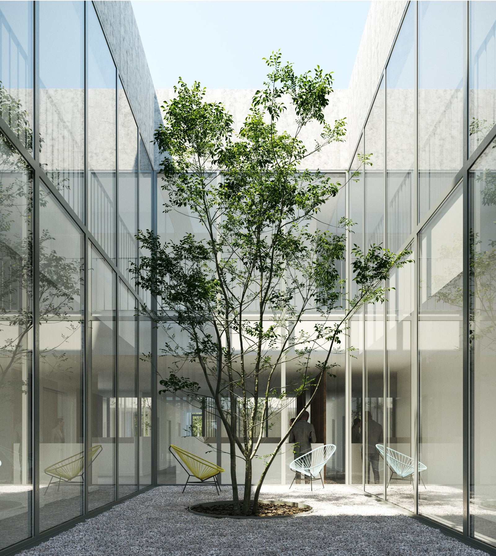 Patio intérieur du Pôle : jardin japonais, minéral et baies vitrées